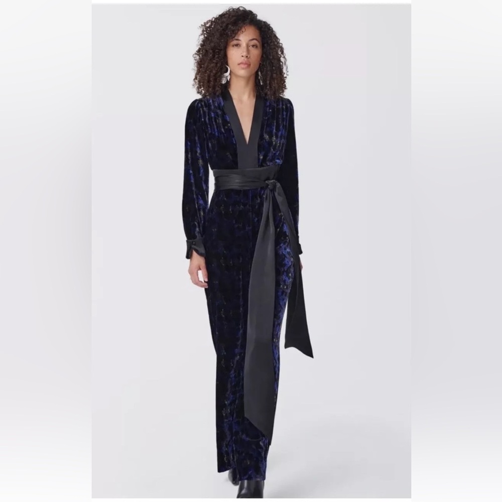 Diane Von Furstenberg Vegas Jumpsuit Velvet Leopard Blue NO SASH